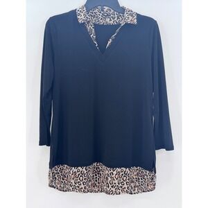 Black Leopard Print Collar Hem Long Sleeve Tunic Top Womens L